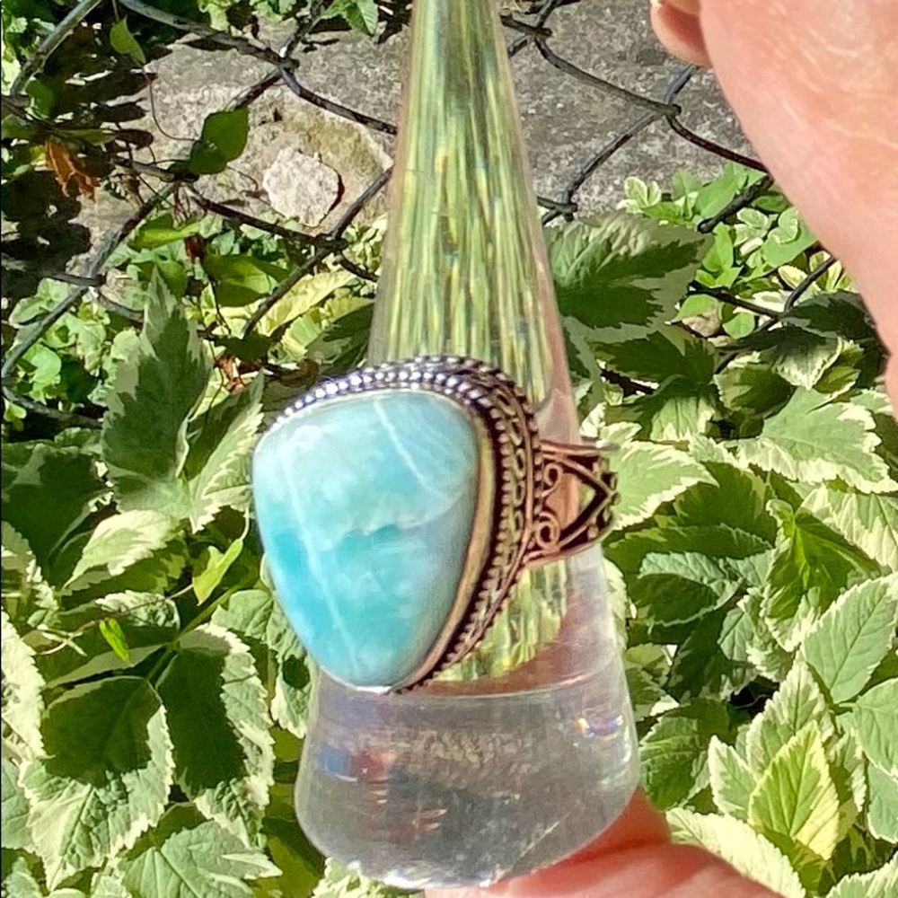Vintage-Larimar & Sterling Silver Handcrafted Ring Size 9 - Picture 5 of 14